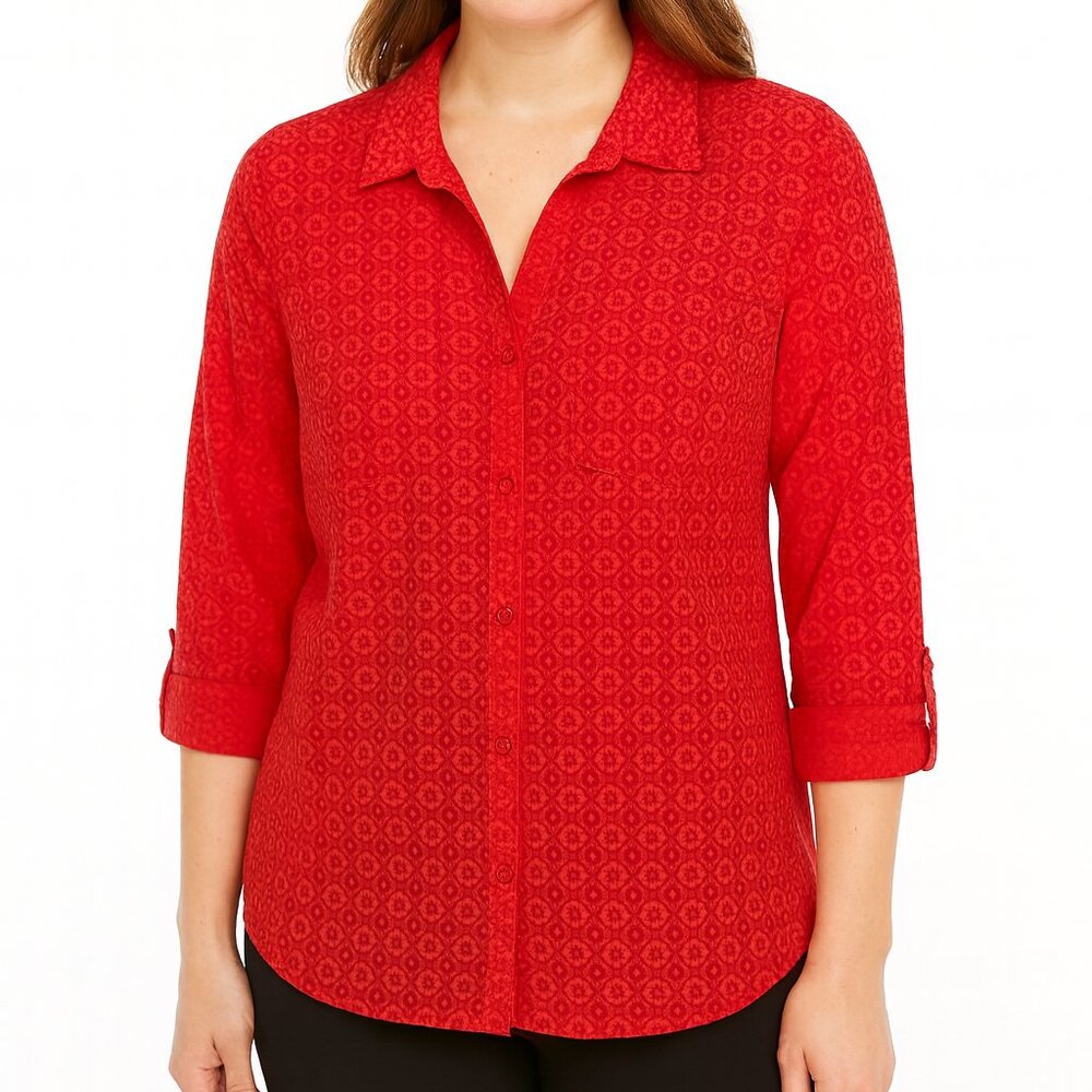 Ann Taylor Red Geometric Semi-Sheer Lightweight Button-Up Tunic Shirt, size 10 - Picture 2 of 13